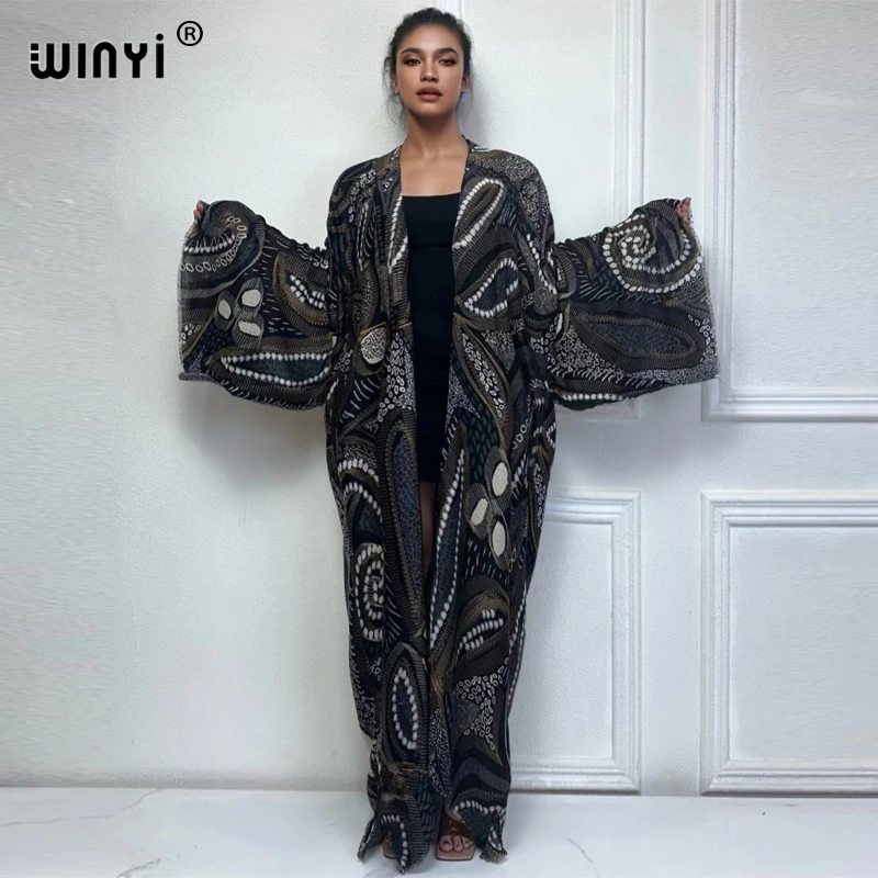 WINYI kimono beach wear women 2024 dress beach cover up Cardigan Hot stamping Retro print coat abayas dubai luxury muslim dress