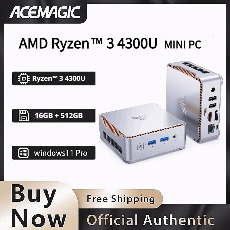 ACEMAGIC Przenośny Mini PC AMD Ryzen 3 4300U Win11Pro DDR4 16GB SSD 512G Komputer Stacjonarny Odpowiedni do Domu/Biura Mini PC
