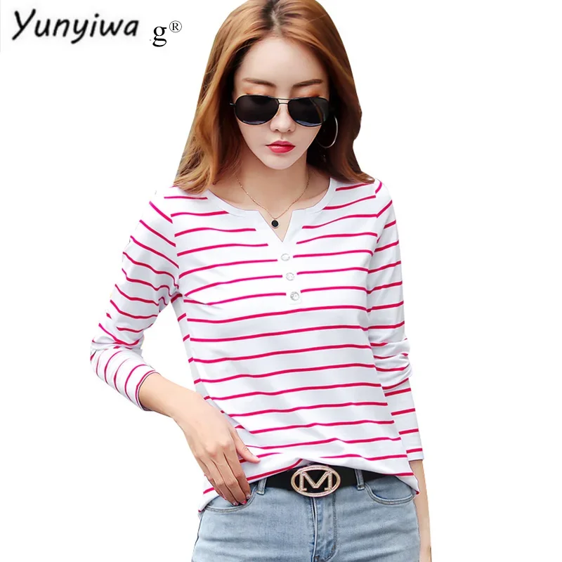 Tuangbiang Striped Button V-neck Long Sleeve Cotton T-shirt Female Plus Size S-5xl Clothing Loose Tshirt White Gray Tops