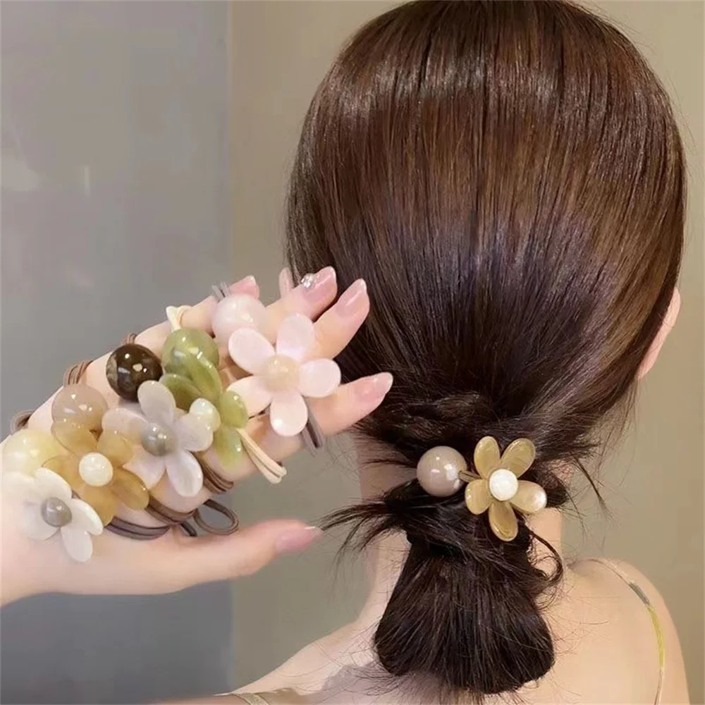 Sweet Acrylic Flower Charms Hair Ties Hair Rope Candy Color Elastic Ponytail Holder Rubber Hair Bands Women Girls Headwear