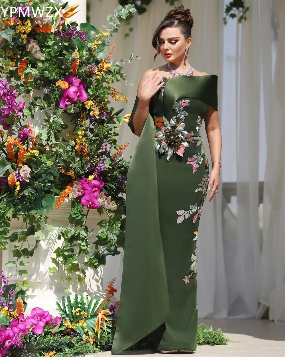 Customized Evening Dress Party Occasion Prom Gown Formal YPMWZX Strapless Mermaid Floor Length Skirts Ribbon Applique 3D