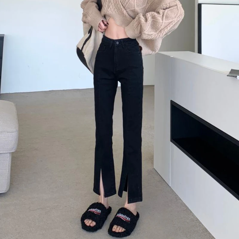 

Черные расклешенные джинсы женские скинни с разрезом повседневные однотонные модные винтажные с высокой талией весенние универсальные джинсы сексуальная уличная одежда для колледжа Ulzzang