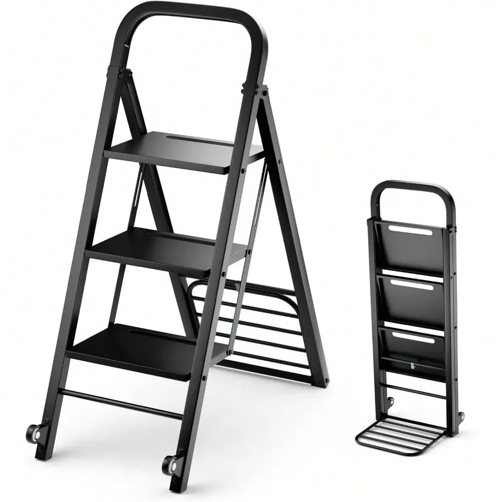 2 in 1 Convertible Hand Truck Dolly and Step Ladder, Foldable 3-Step Stool w/Non-Slip Wide Pedals