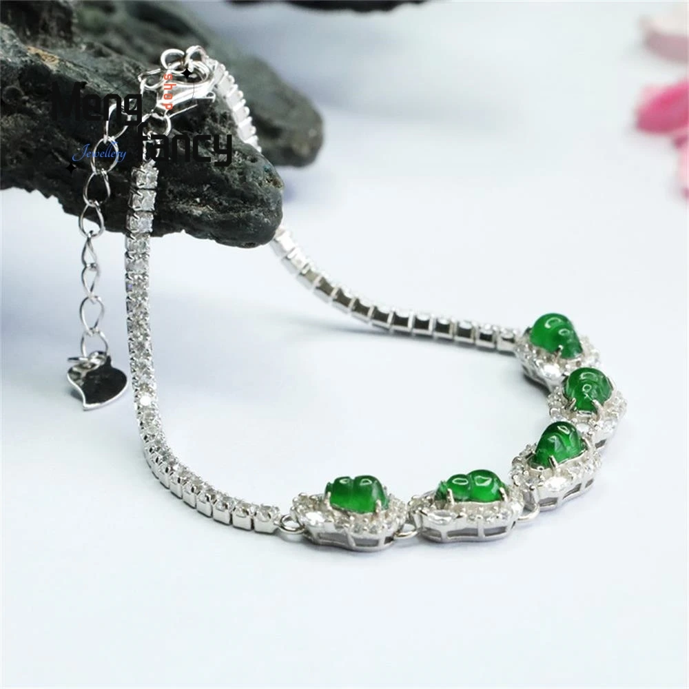 S925 Silver With Natural Jadeite Gourd Ice Type Imperial Green Bracelet Exquisite Elegant Simple High-grade Fashion Fine Jewelry