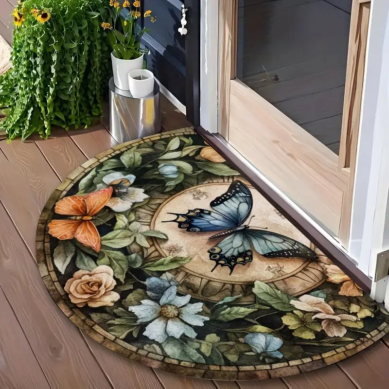VIKAMA Half‑Circle Floral Butterfly Doormat Retro Art Design Non‑Slip Rug For Front Porch Balcony Entryway Home Decor