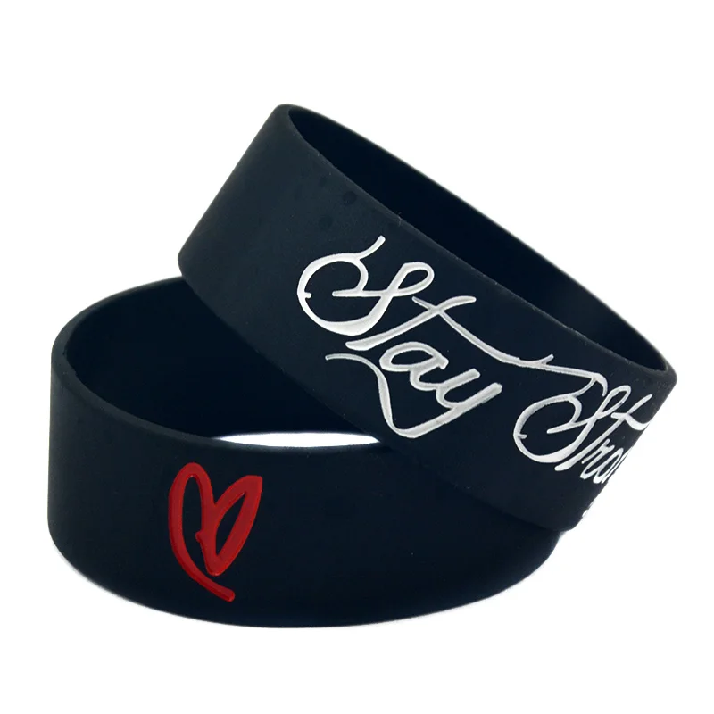 1 PC Stay Strong Rubber Wristband One Inch Wide Bangle Motivational Silicone Bracelets Black