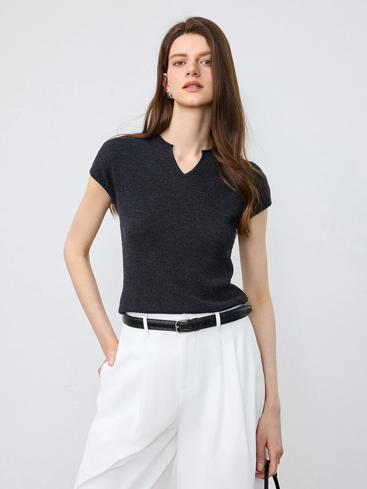 

Ningxia YiJian Ultrafine Merino Wool 18 Needle Texture V-neck Waist-cinching Short Sleeve Top Quality Knitted Women's Shirt