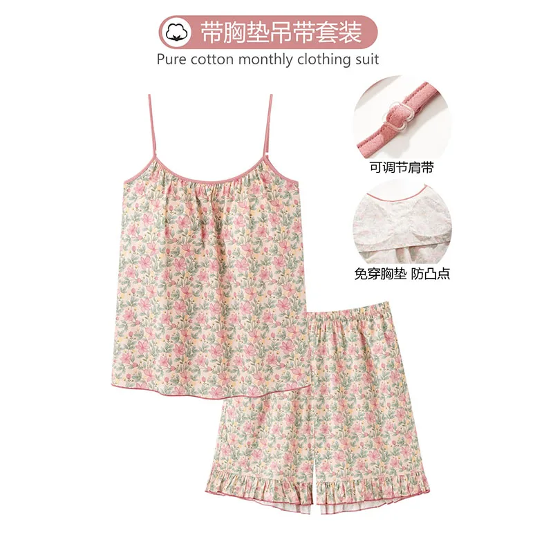 

Big Size M-3XL Summer Sling Pajama Sets Women 100% Cotton Home Wear Female Vest Pyjamas