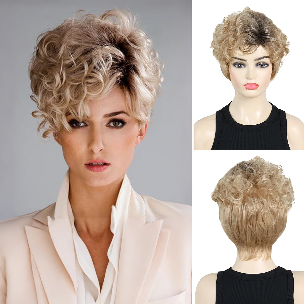 

BCHR Short Curly Blonde Synthetic Wigs for Women Natural Blonde Hair Wig