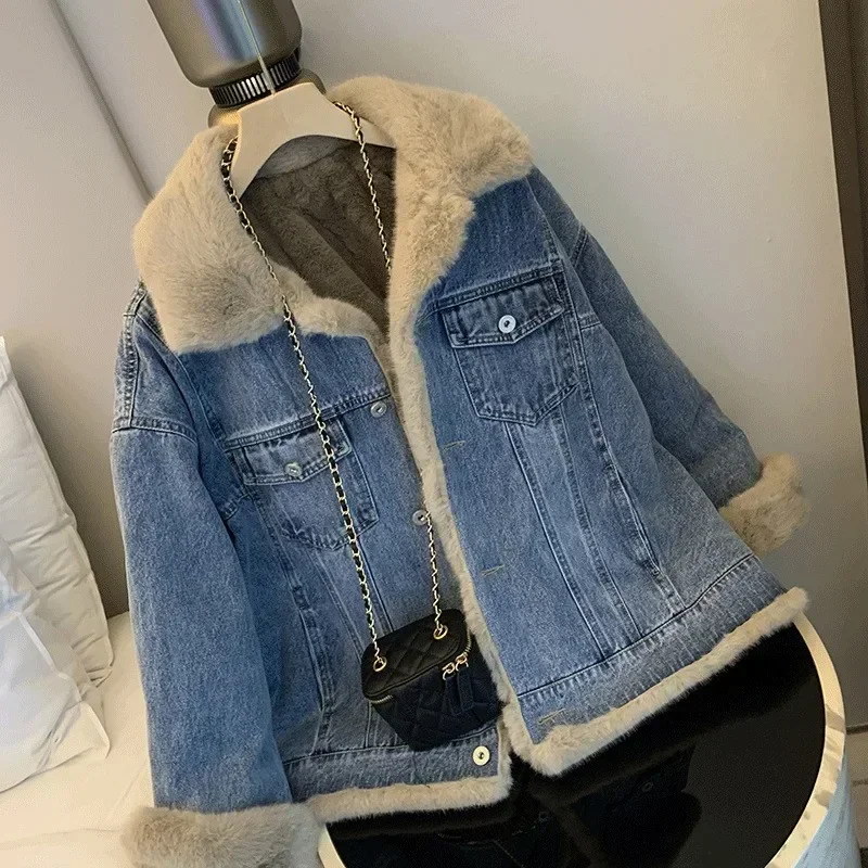 2024 Women\'s Autumn and Winter Lamb Wool Denim Jacket Season Loose Casual Piled Thickened Cotton Parka Clothes