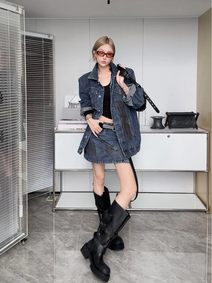 

Комплект IAMCPLUS 2025AW: джинсовая куртка свободного кроя и джинсовая юбка с отворотами, модный комплект Cleanfit с длинными рукавами для взрослых