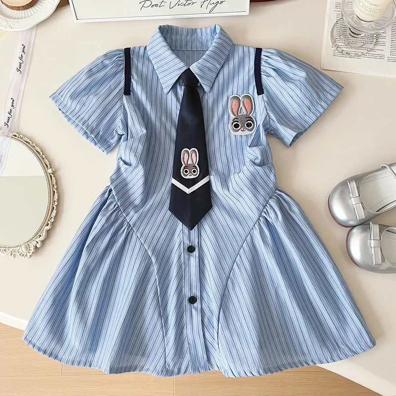 

Girls Suit Summer Dress Rabbit Police Little Girl POLO Collar Striped College Style Shirt Skirt Outer Wear Casual School Uniform