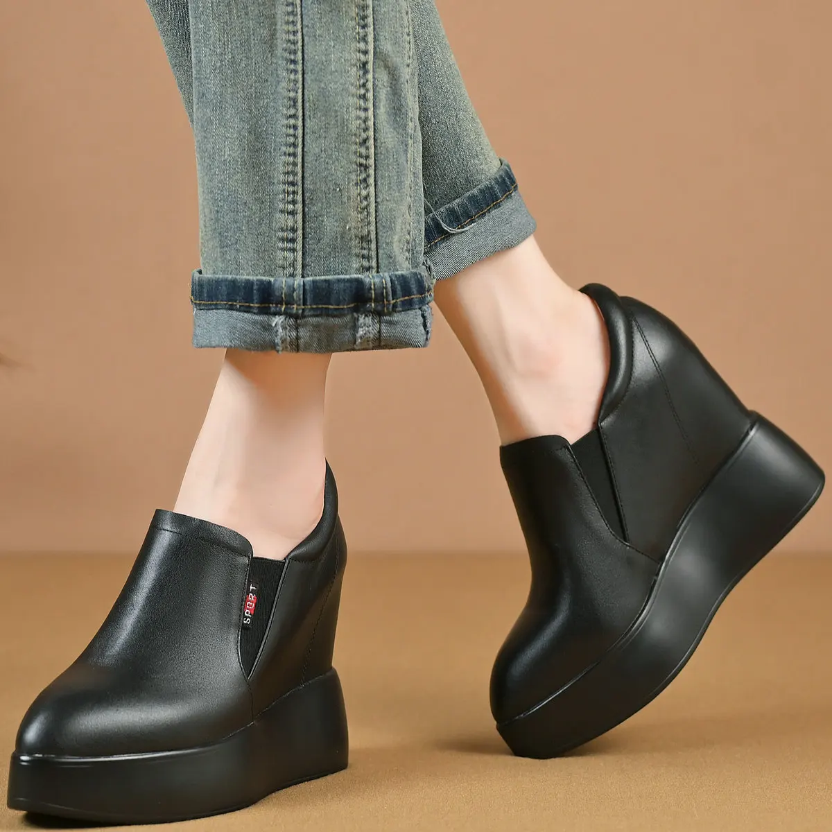 Wedges Pumps Shoes Women Slip On Genuine Leather High Heel Platform Ankle Boots Female Pointed Toe Fashion Sneakers Casual Shoes