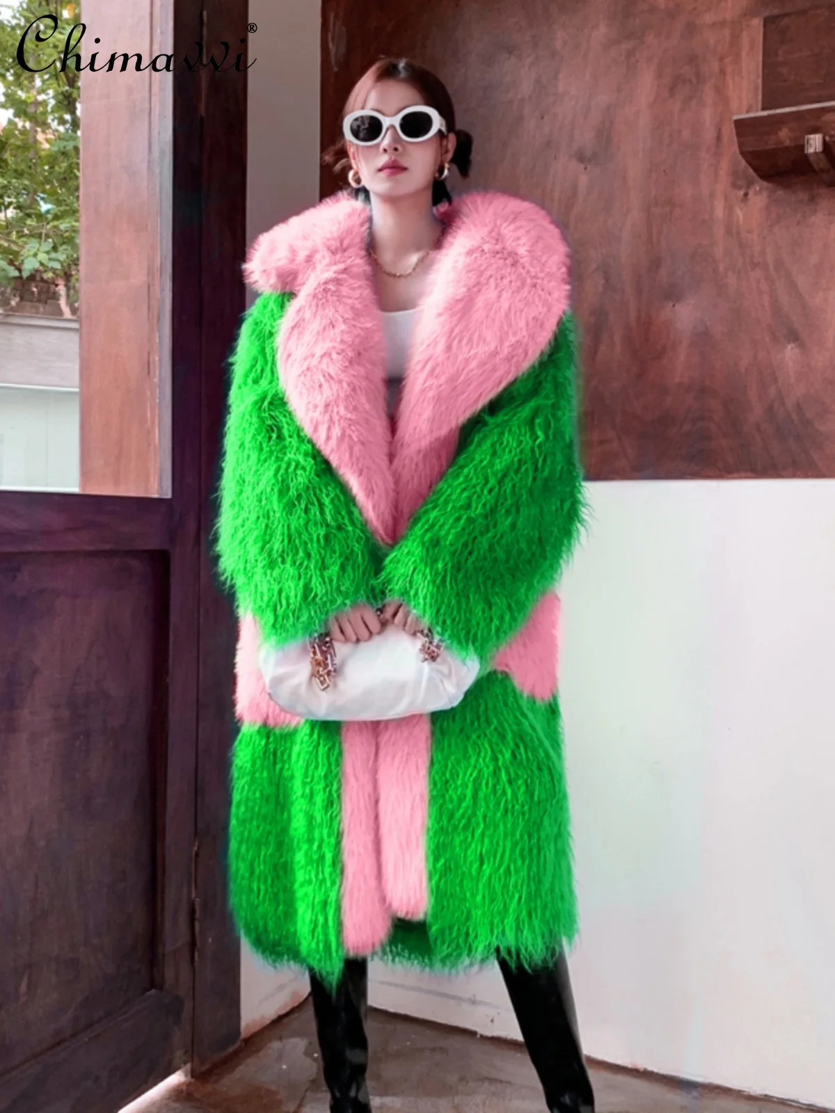 High-End Environmental Protection Fur Coat Women's Long Loose Large Lapel Furry Coat Beach Wool Large Pocket Jackets Winter New