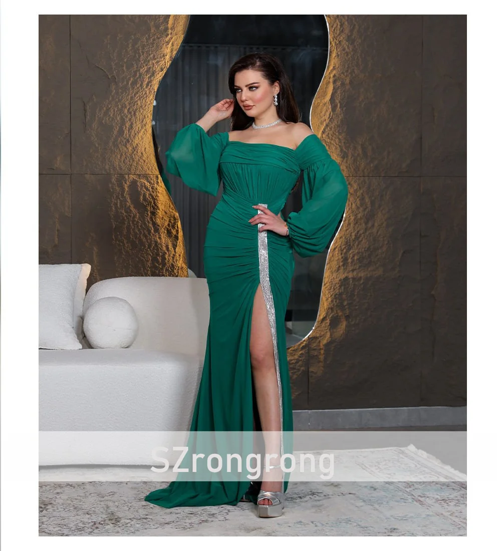 단정한 보트넥 쉬폰 플리츠 스트레이트 사우디 드레스 백리스 롱 사이드 하이 슬릿 비즈 크리스탈 이브닝 가운 트레인 포함