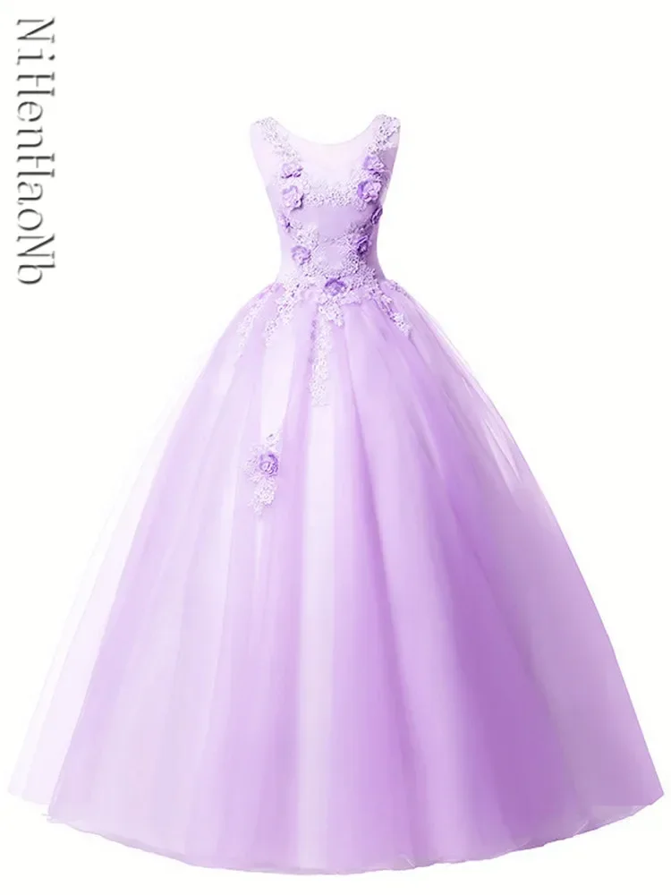 Light Purple Quinceanera Dresses O-nek Appliques Vestidos Sweet 16 Years Party Prom Vintage Floor-Length Ball Gown Summer