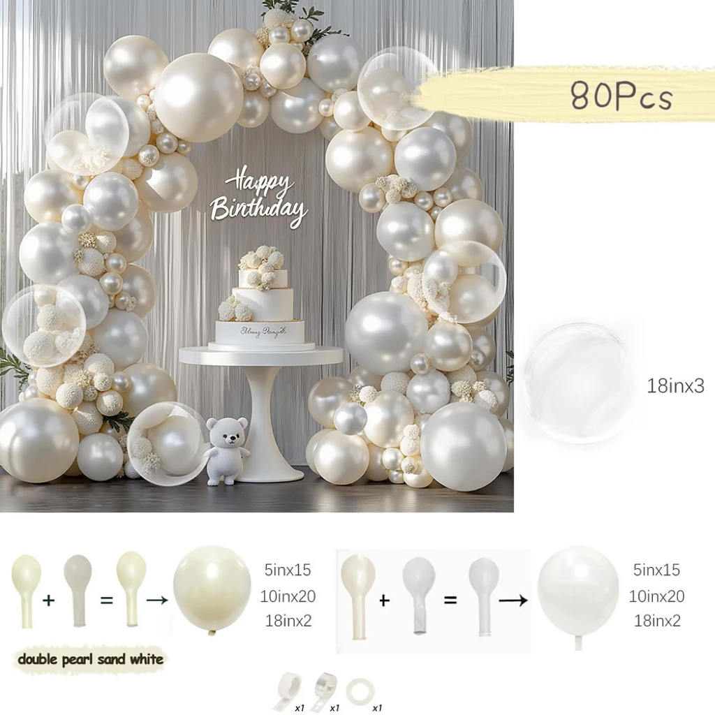 80Pcs Pearl White Balloon Garland Arch Kit Double Stuffed White Sand Balloons for Wedding Baby Shower Birthday Party Decorations