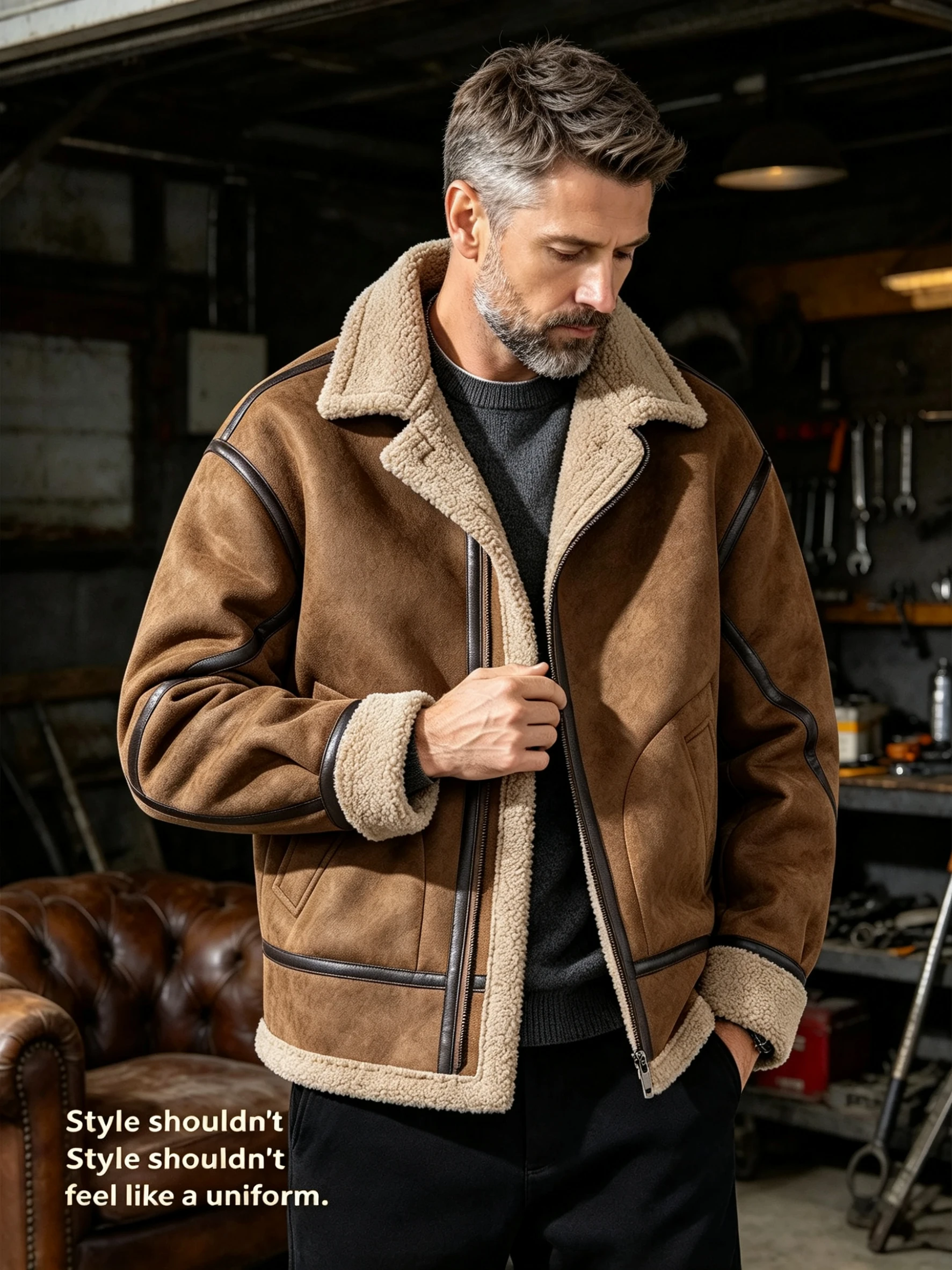 Men Retro Faux Suede Shearling Jacket, High End Designer Streetwear Lapel Zip Up Warm Winter Casual Men's Outerwear Jacket