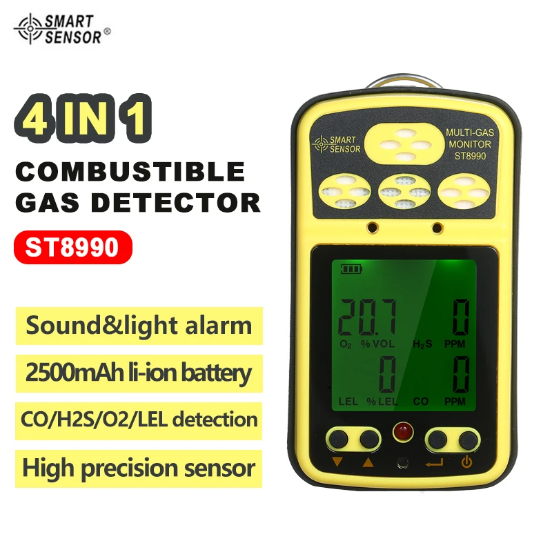 SMART SENSOR ST8990 Combustible Gas Monitor 4 in 1 Professional O2 LEL CO H2S Gas Detector Tester Sensor with Backlight