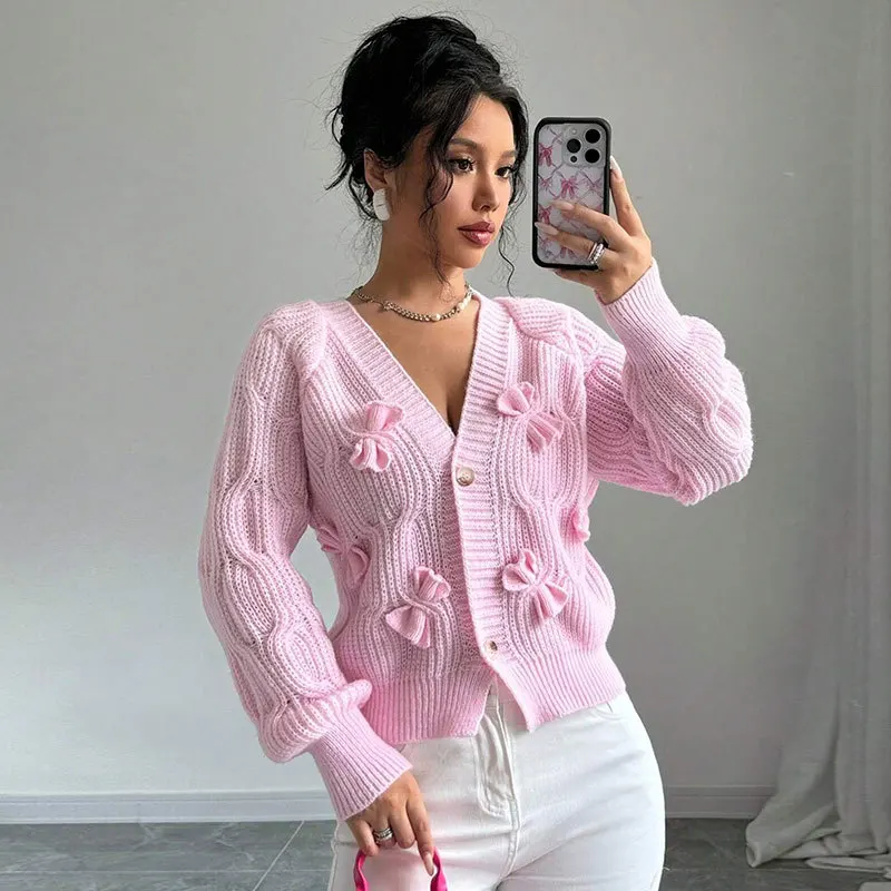 

Fashion Knitted Bow Cardigan Casual Solid Color V-neck Button Long Sleeved Sweater Coat Autumn New Commuter Women Clothing