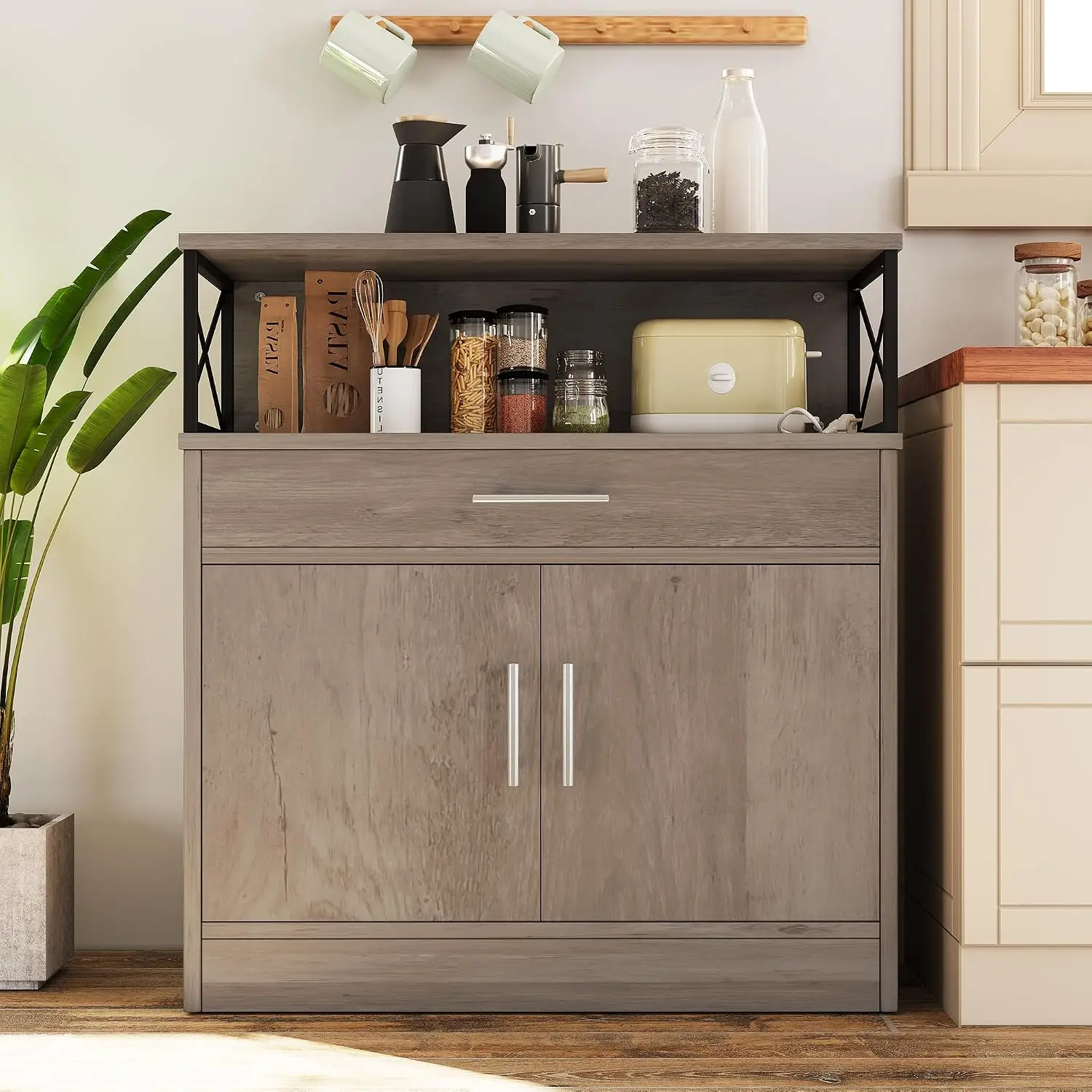 Farmhouse Coffee Bar Cabinet Modern Sideboard Buffet Adjustable Shelf Storage Kitchen Dining Room Grey, Customized