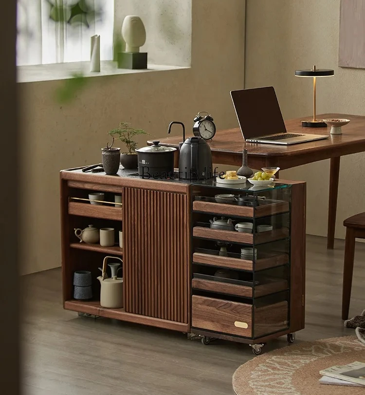 

05-Black walnut storage glass display cabinet solid wood mobile tea table side cabinet shelf