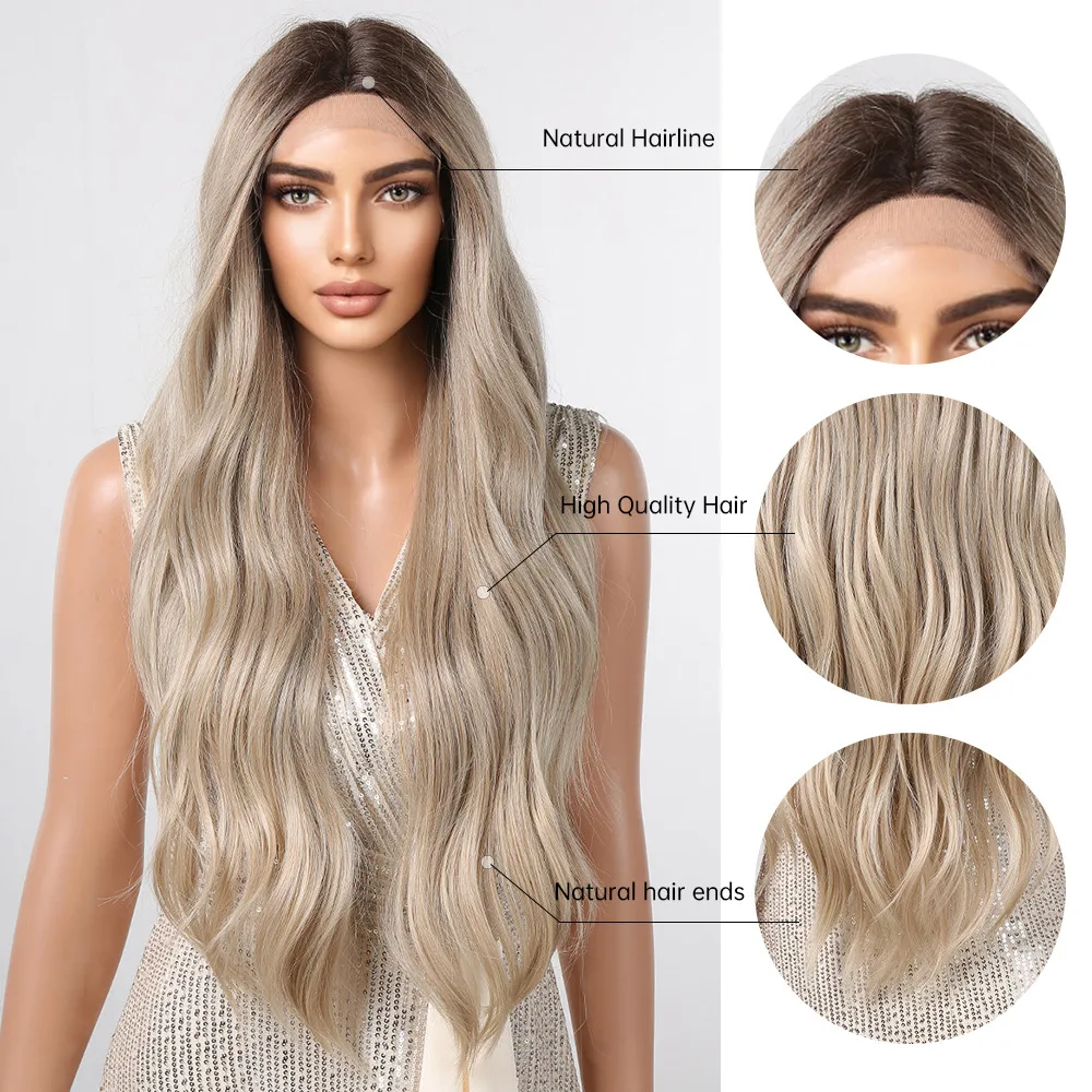 Gray Brown Ombre Lace Frontal Synthetic Wigs for Women Long Wavy Curly Hair Middle Part Black Roots Wigs for Daily Use Cosplay