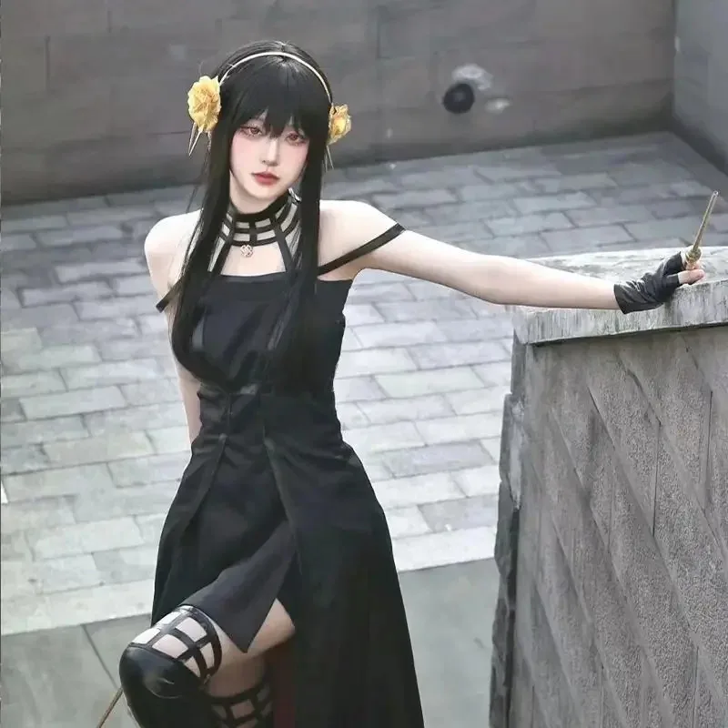 aa Bear House 002 Anime Spy X Family Forger Cosplay Gothic Halter Black Dress Leather Stockings Outfit Yor Earring WWAT99 ★ ★