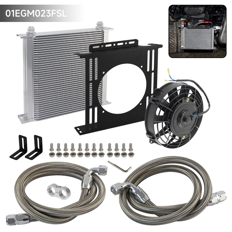 AN10 40 Row Engine Oil Cooler + Braided Oil Line Hose Kit w/Bracket+7'' Electronic fan Black/Silver