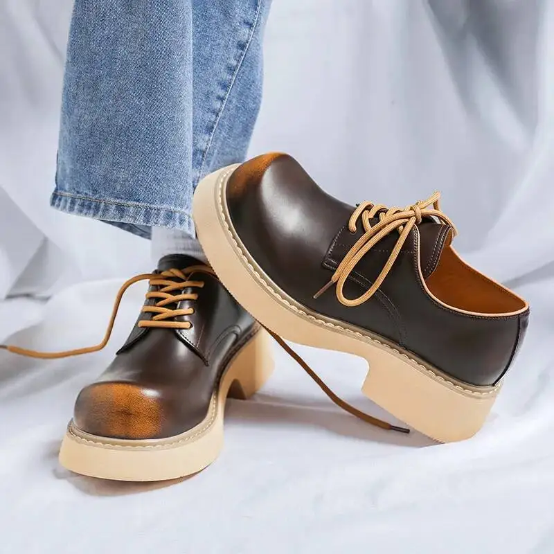 

НОВЫЕ кожаные женские и мужские туфли для кожи головы, туфли с круглой головкой и толстой подошвой, мягкая кожаная обувь в стиле ретро, теплые ботинки, большой размер 45, 46 48