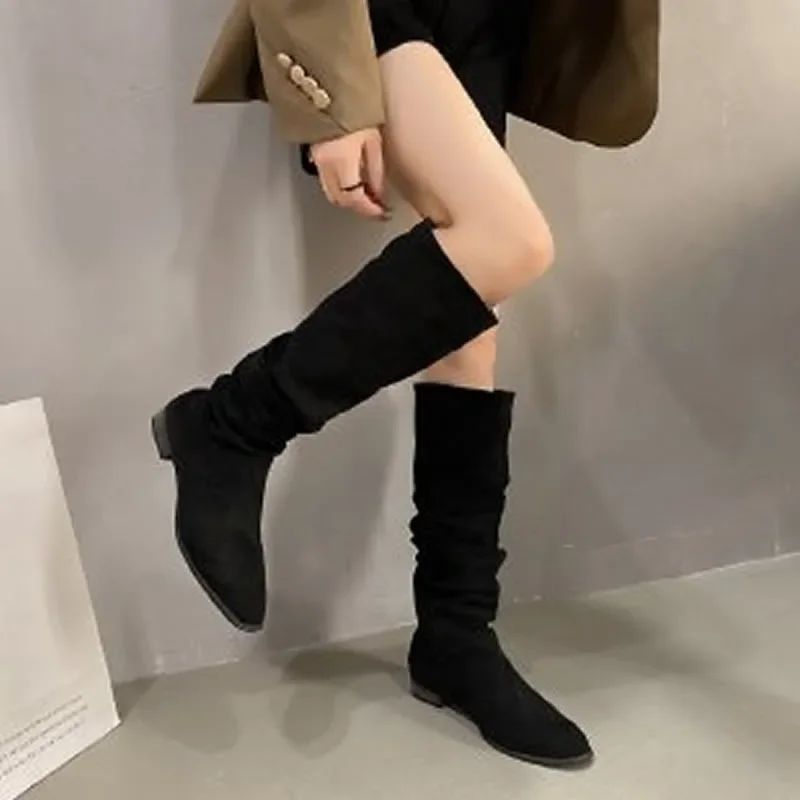 Fashion Knee High Chelsea Boots For Women 2024 Low Hees Autumn New Ladies Modern Denim Female Shoes Pointed Toe Western Boots