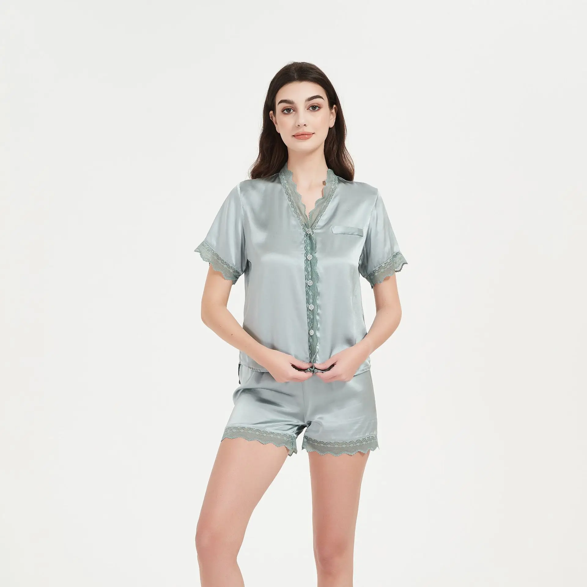 

Элегантный пижамный комплект из чистого шелка с кружевной отделкой, нежный женский пижамный комплект из 100% тутового шелка с короткими рукавами и шортами, одежда для сна, домашняя одежда
