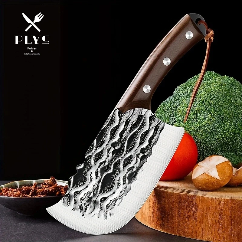 PLYS Meat Cleaver,Household Sharp Bone Chopping Knife,Hand Forged Fish Killing Knife,Bent Wooden Handle Forged Knife