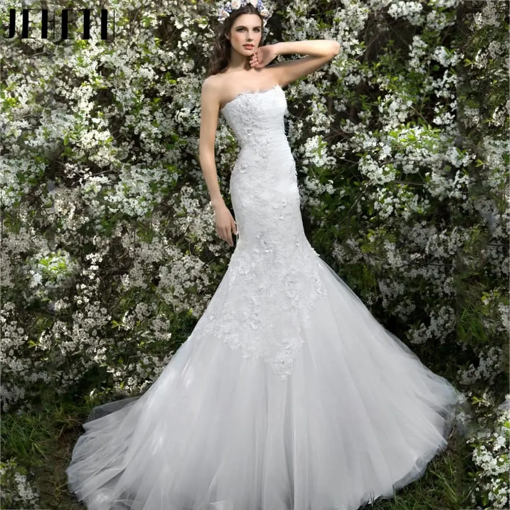 JEHETH 2024 Vintage sirena Appliques abiti da sposa affascinante scollo a barca Tulle abiti da sposa senza spalline Backless vestidos de galaJEHETH 2024 Vintage sirena Appliques abiti da sposa affascinante scollo a bar