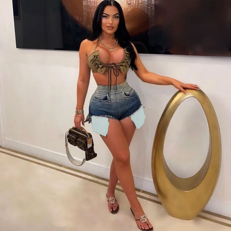 

Changing Color Patchwork Jeans Shorts Women Fashion High Waist Button Fly Stretch Tassel Denim Trousers Streetwear Bottoms