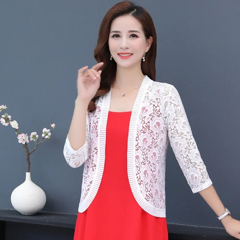 

Lace Shawl Blusa Mujer Solid Large Size Spring Summer Bolero Shirts Long Sleeve Autumn Korean Style Women Thin Open Front Blouse