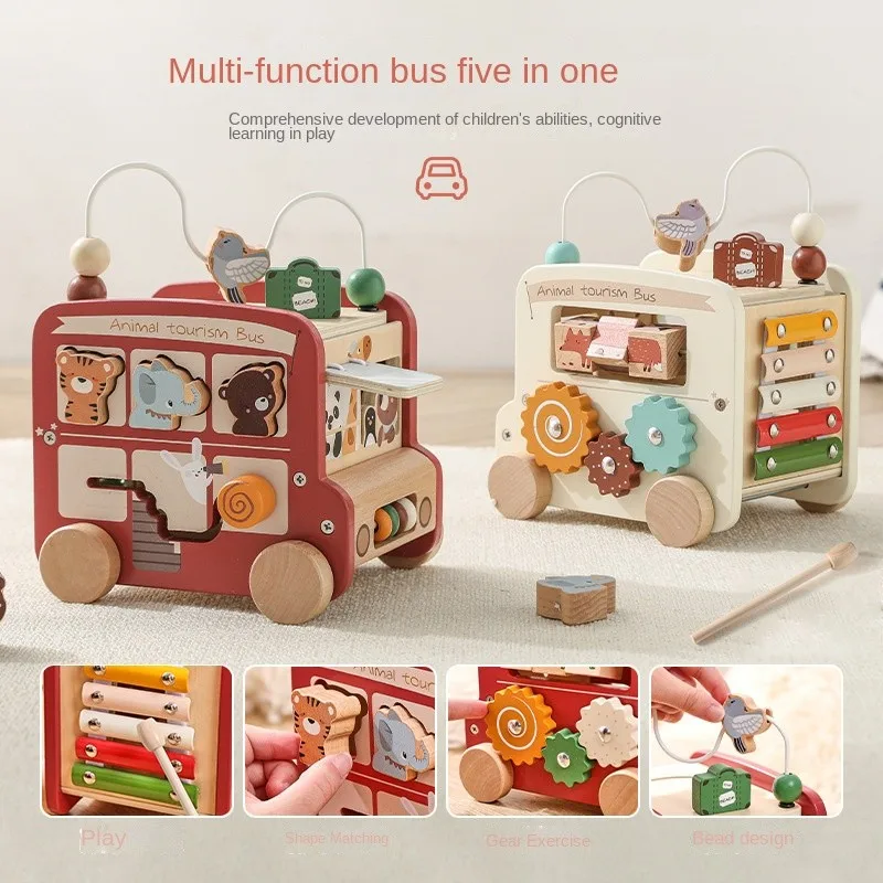 LazyChild Children Wooden Early Education Educational Matching Multifunctional Hexahedron Trolley Montessori Five In One Bus Toy