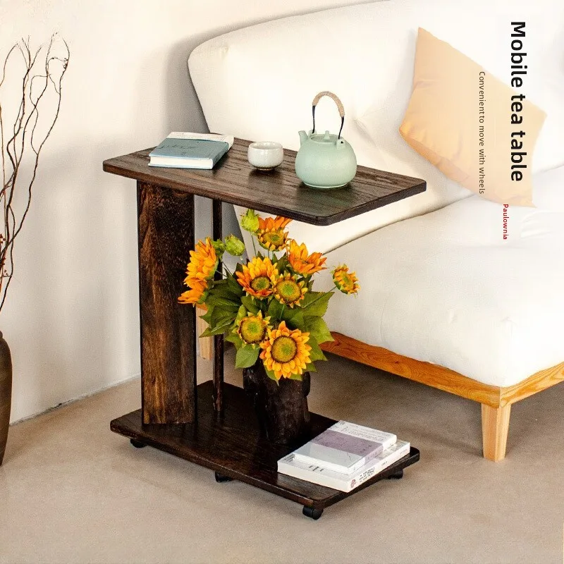

Solid Wood C-Side Tables Mobile Bedside Table with Wheels Sofa End Table for Living Room Multi-functional Tea Tray & Nightstand
