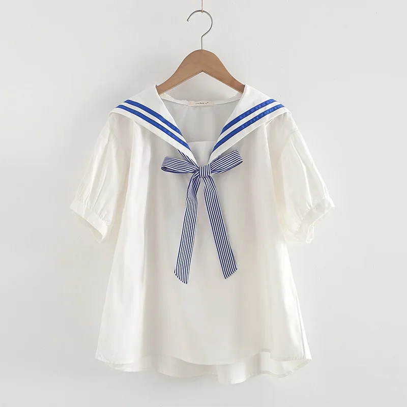 Japanese school uniform y2k tops plus size blouses mori girls Japan style kawaii sailor collar short sleeve cotton shirts