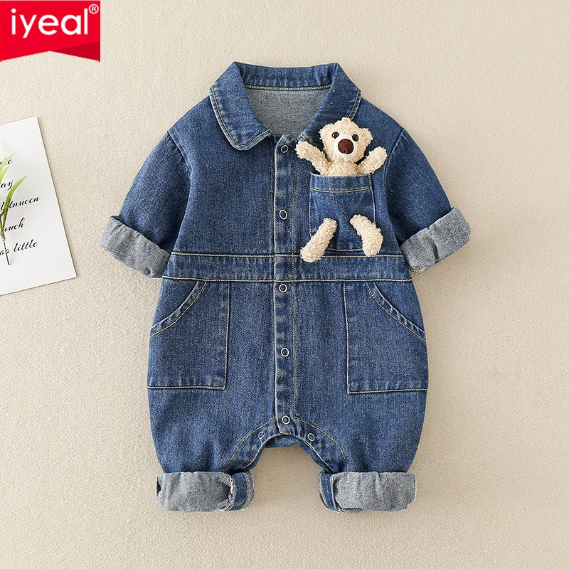 IYEAL Baby Boy And Girl Climbing Suit Baby Jumpsuit 2026 Spring And Autumn  Denim Cute Teddy Bear Baby Outdoor Jumpsuit