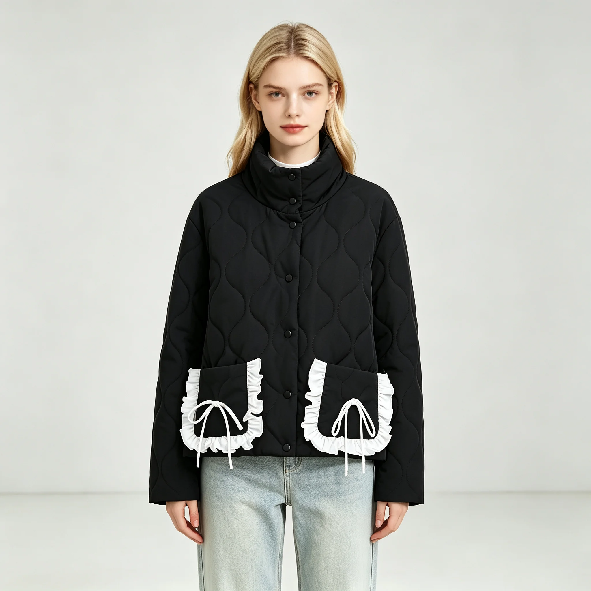 MsChuh Women's Winter Jackets Coats Bow Pocket Decoration Stand Collar Thick Jacket Casual Female Simple Outerwear Fashion Tops