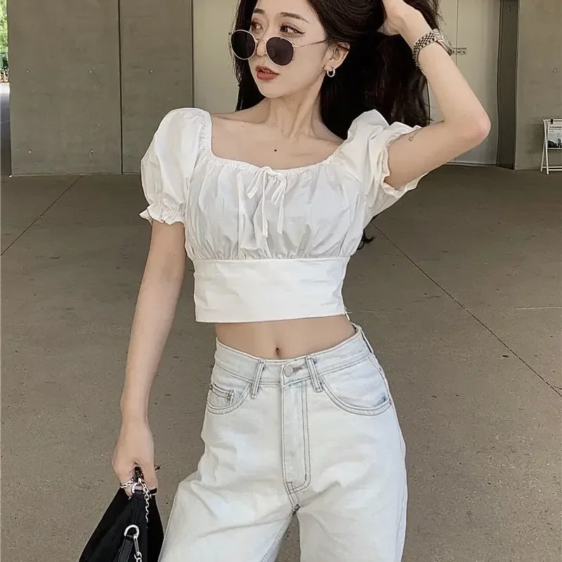 2025 Fashion New Pearl Chain Shirt Women Summer French Bow Backless White Blouse Sweet Puff Sleeve Crop Top Female