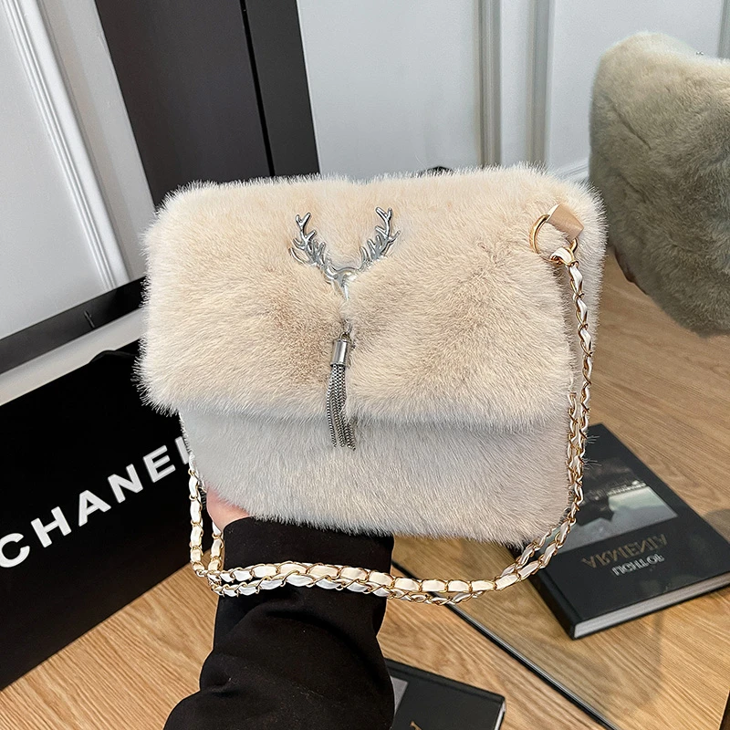

Luxury Faux Fur Handbag Brand Designer Bag Soft Plush Shoulder Bag Small Fluffy bolsa feminina Fashion Chain Crossbody Bag