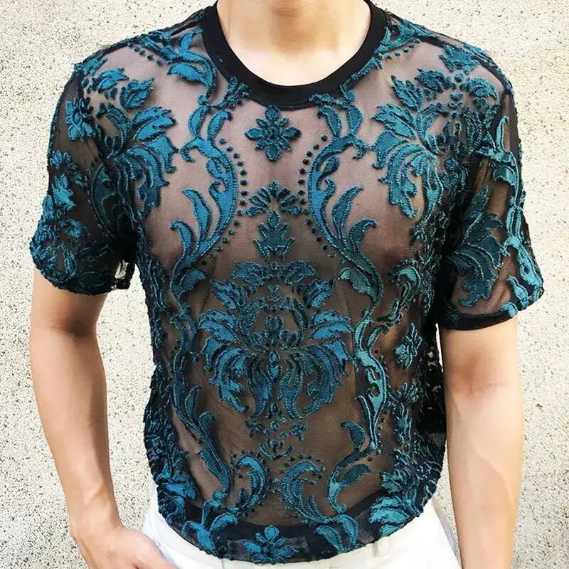 Sexy T-Shirt Met Ronde Hals Zacht Fluwelen Slanke Herenkleding Nachtclub Met Korte Mouwen, Transparant Bloemenshirt Van Topkwaliteit Doorschijnend