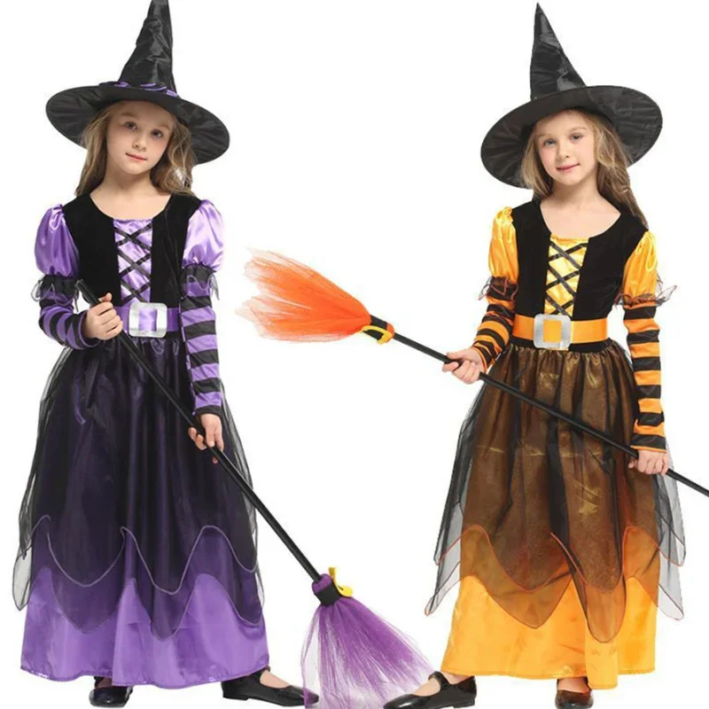 2024 Girls Halloween Cosplay Witch Costume Children Carnival Vestidos Party Infant Witch Fancy  Manual Mesh Dresses Clothes Set