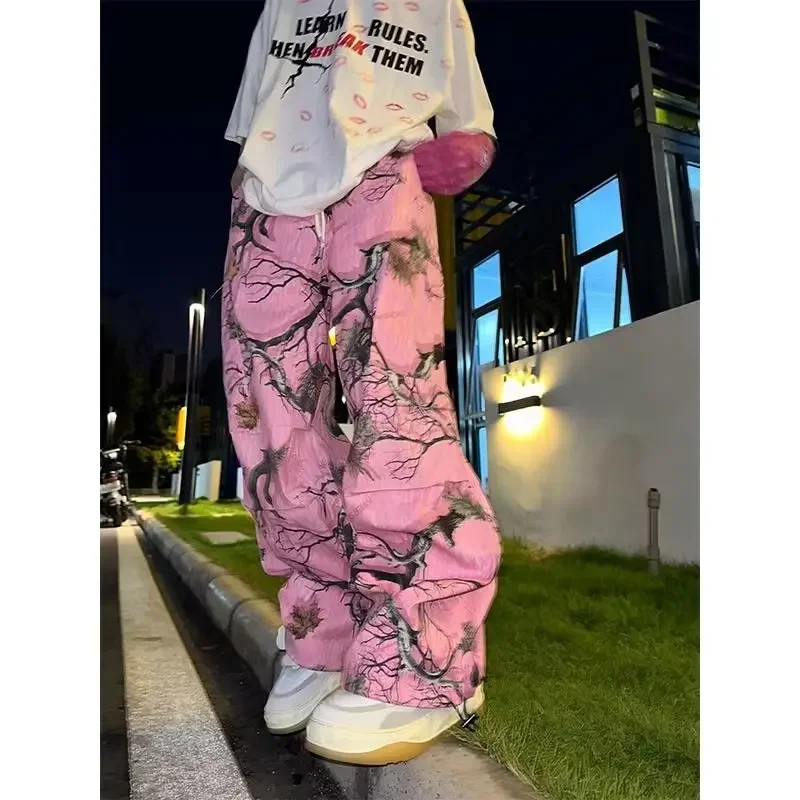 

Spring New American Casual Pants Loose-fit Straight-leg Printed Cargo Pants Men Japanese Korean Fashion Streetwear Y2k Red Pants