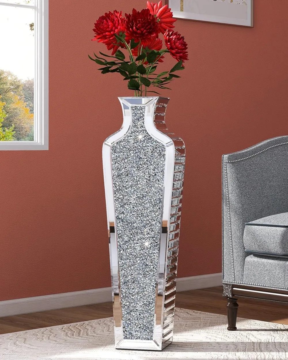 

SHYFOY Tall Crushed Diamond Floor Vase Large Silver Mirror Vases for Decor Living Room Floor, Luxury Container for Dried