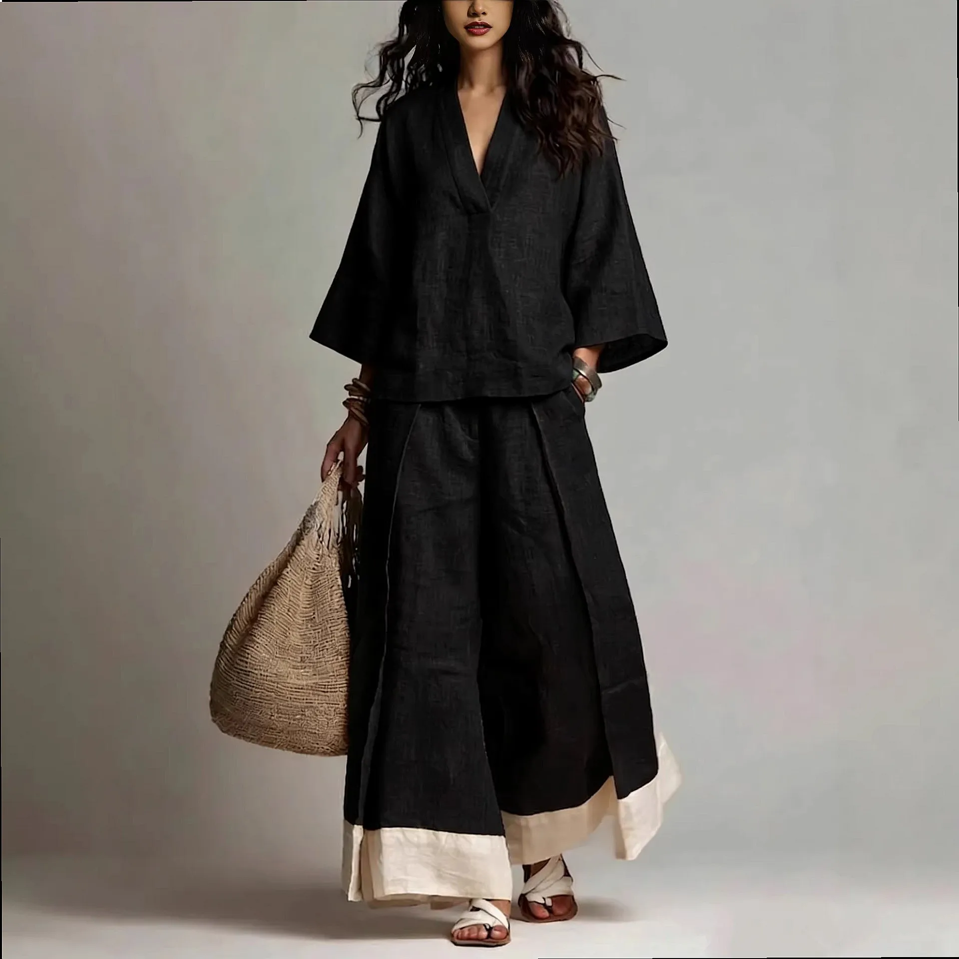 Women's V Neck 3/4 Sleeve Blouse Top + Contrast Wide Leg Pants Matching Set