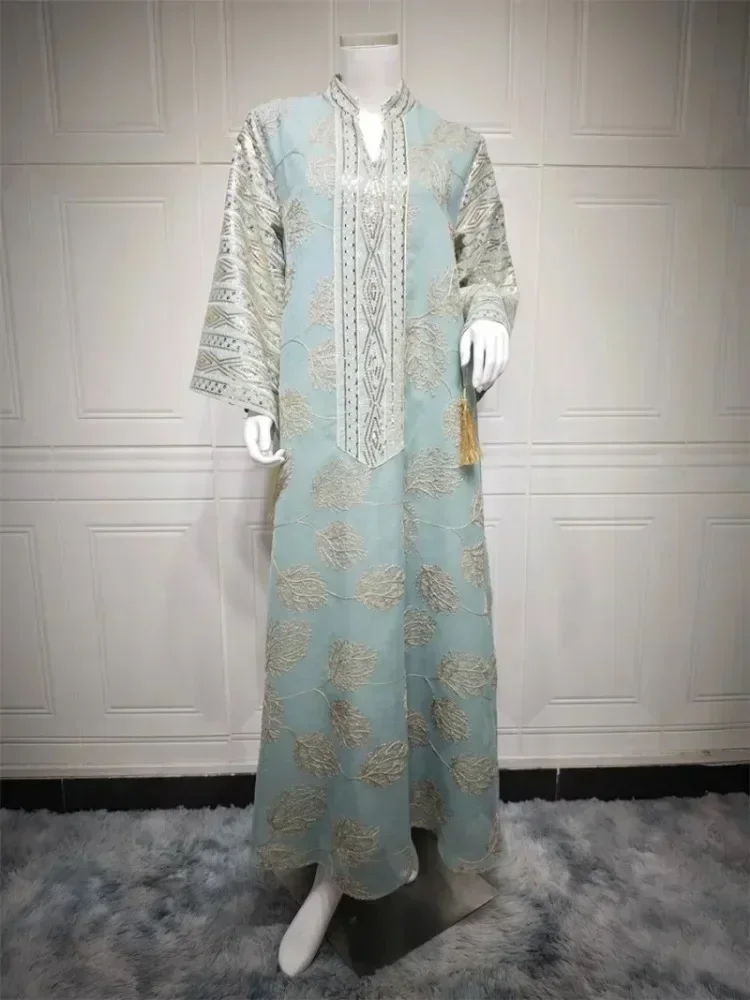 Ramadan dubai bordado lantejoulas maxi vestido dubai casual solto abaya muçulmano mulher traje vestidos para baile de formatura