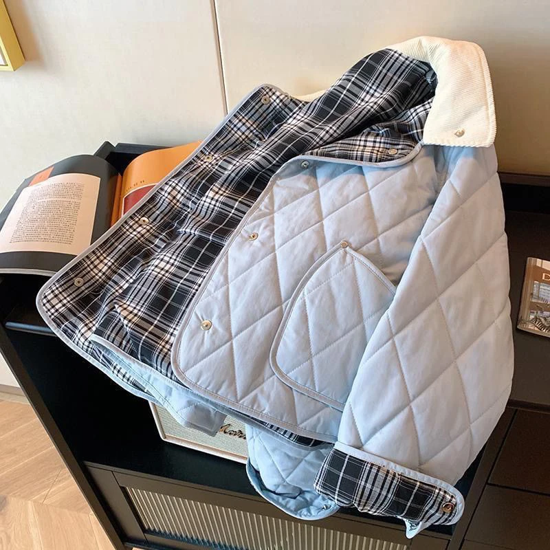 Blue Preppy Sweet Parkas Women Button Plaid Patchwork Pocket Casual Puffy Coats Female Chic Loose Long Sleeve Student Outwear
